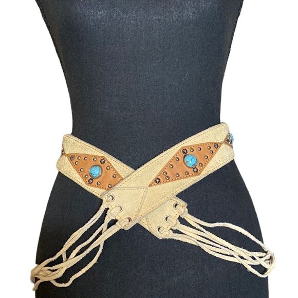 Genuine Leather Fringed Hippie Vintage 70s Tie Belt Concho - Picture 1 of 9